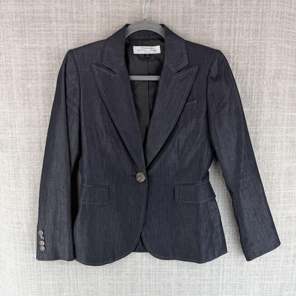 Tahari Arthur S. Levine Blazer Womens 2P Blue Collared Lined Pockets Button